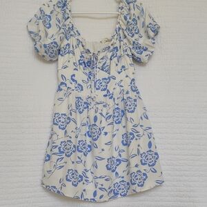 Blue Floral Puff Sleeve Off Shouder Lined Mini Dress Back Zipper Altar'd State M